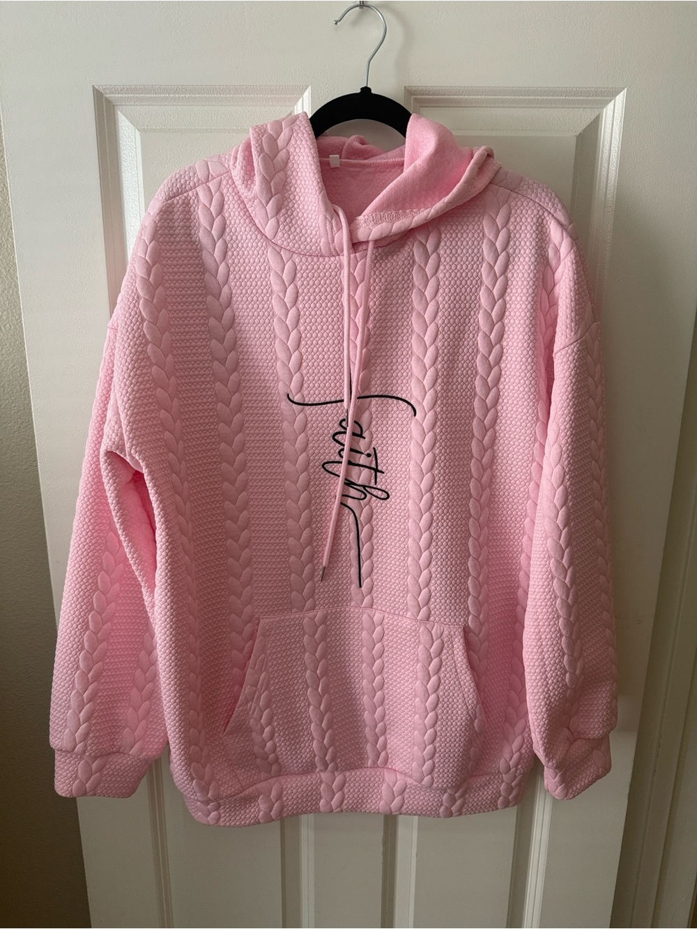 Pink Cable-Knit Hoodie Sweatshirt